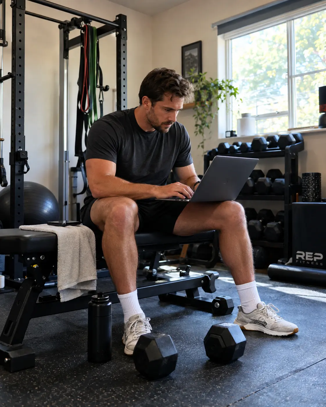 Placeholder: founder in a small home gym setup, surrounded by dumbbells and resistance bands, natural light, candid working shot
