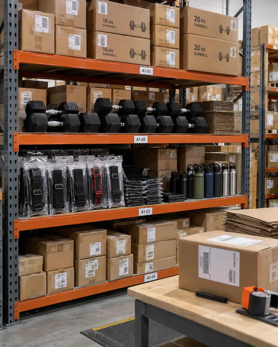 Placeholder: warehouse shelf stacked with boxed dumbbells, straps, and water bottles ready for dispatch, organized and labeled