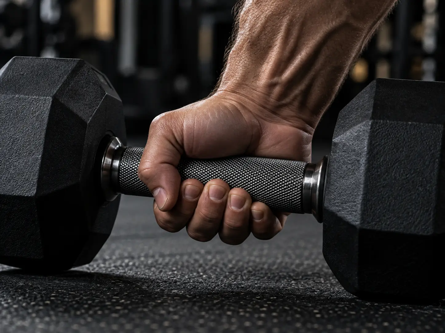 Placeholder: hand gripping a rubber-coated hex dumbbell handle, close-up showing textured grip and knurling