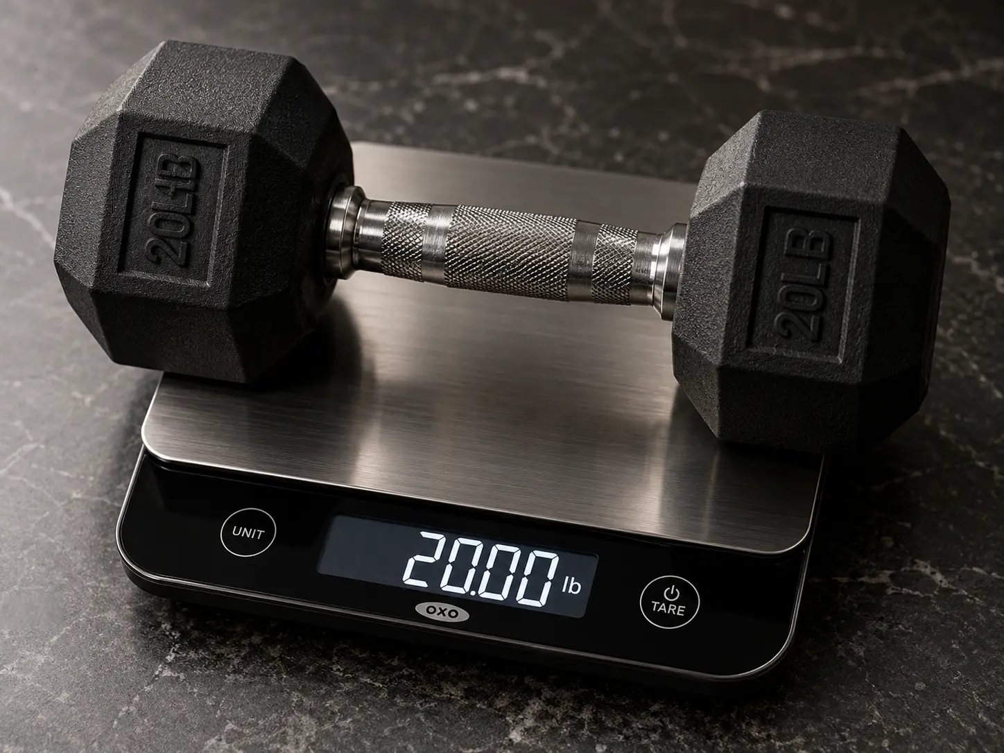 Placeholder: digital kitchen scale weighing a dumbbell to verify accurate load, showing precise number on display