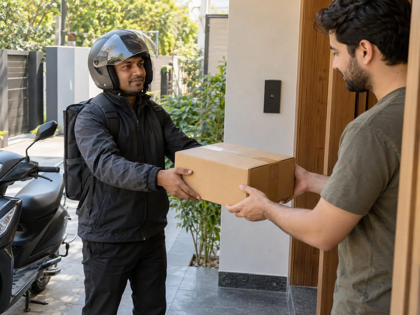 Placeholder: courier rider handing over a sealed AlphaFit branded delivery box to a customer at their doorstep