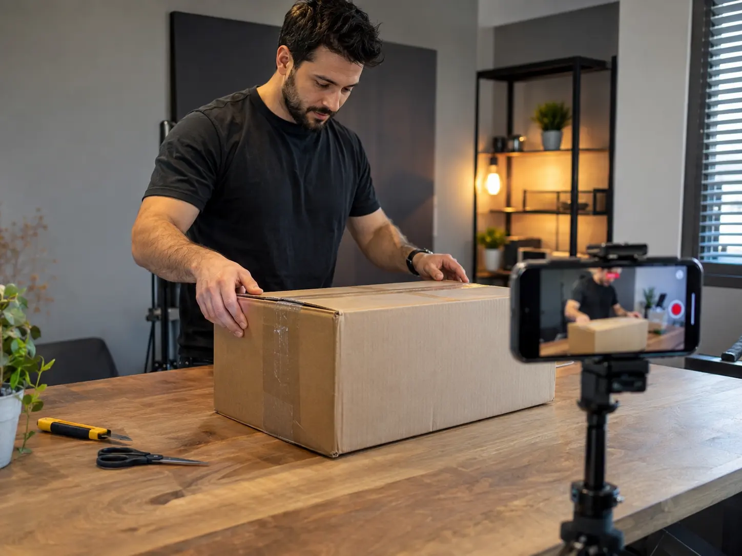 Placeholder: person filming a phone unboxing video of a sealed fitness equipment package on a table